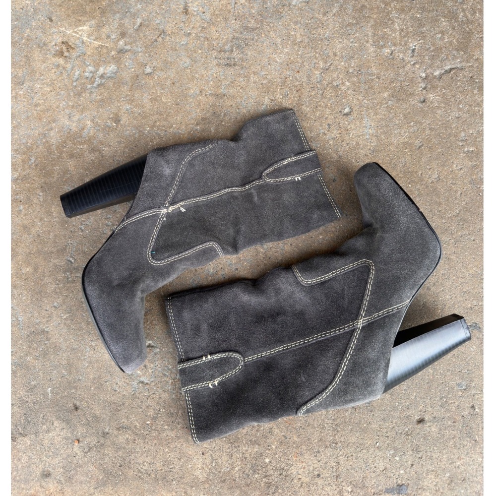 Gray Suede Contrast Stitch Block Heel Mid-Calf Boots Almond Toe Slouchy Boots